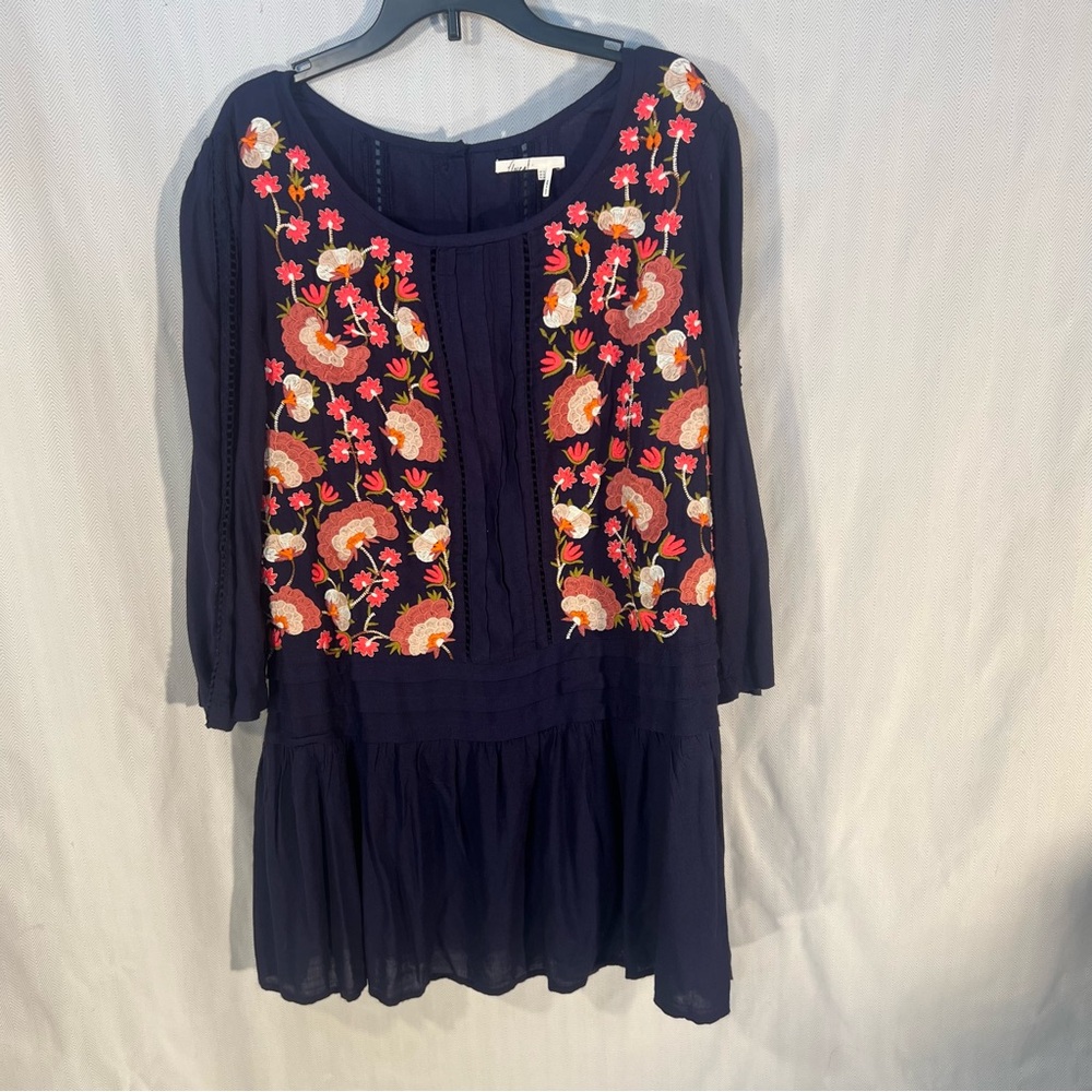Anthropologie Navy Dress/Tunic with Floral Embroidery